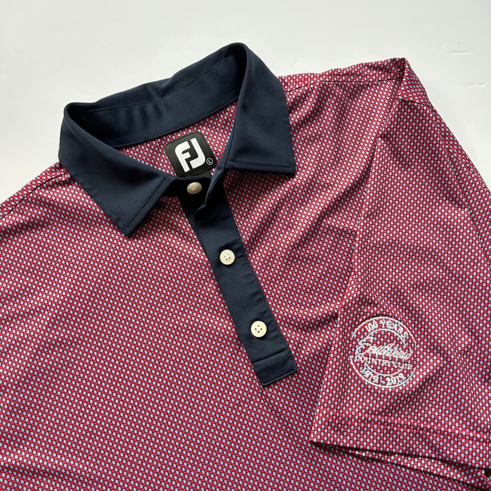 FootJoy Mens Large Red Blue Micro Check Southview Country Club Golf Polo Shirt